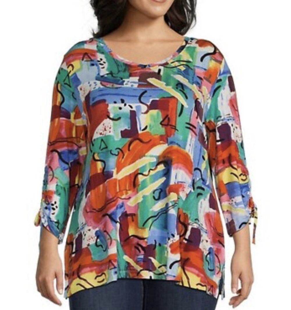 Ali Miles Top Plus Size 1X Multicolor Abstract Print V-Neck 3/4 Cinch Sleeves